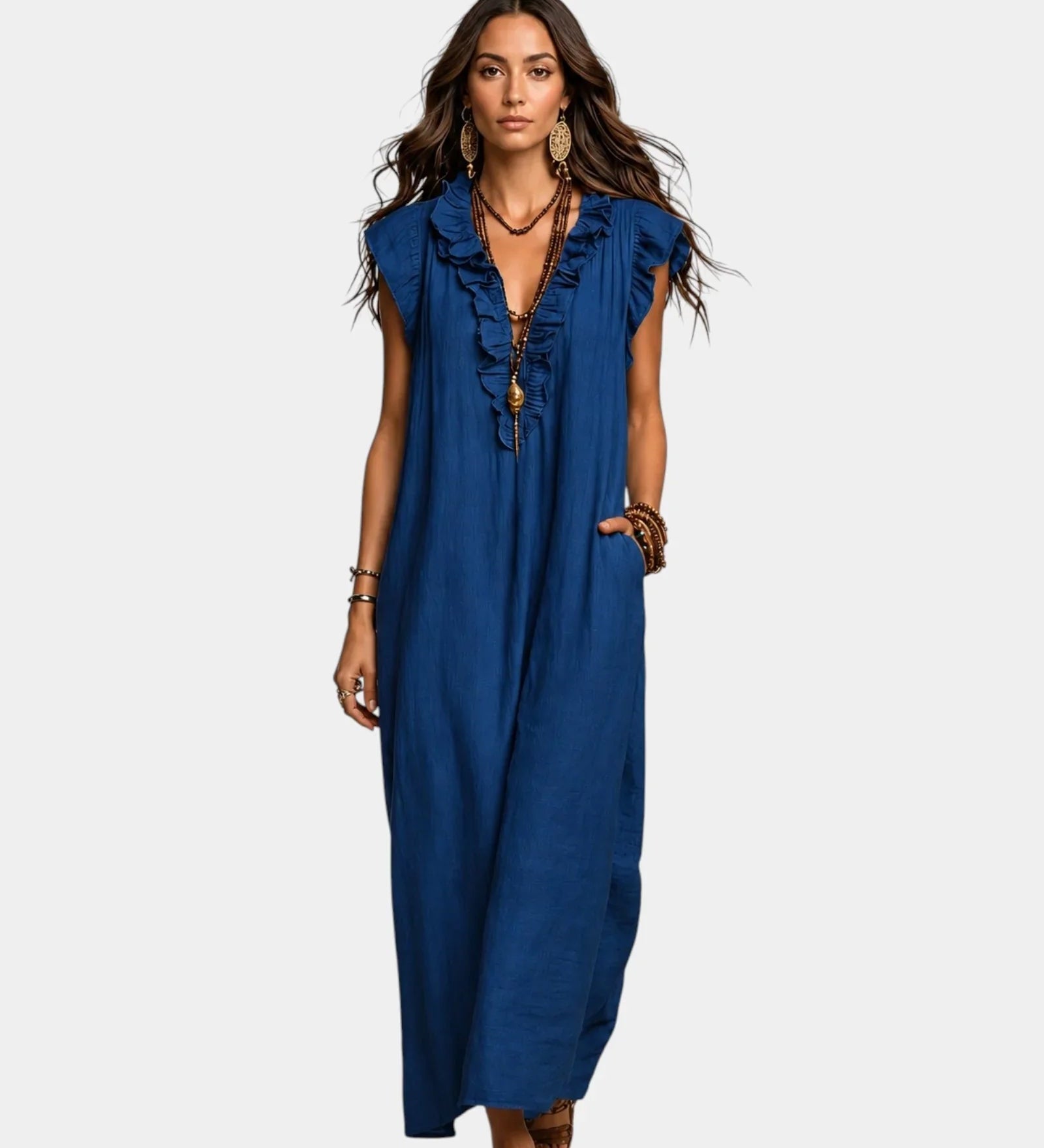 Blue sleeveless long dress with V neckline and decorative tassel front