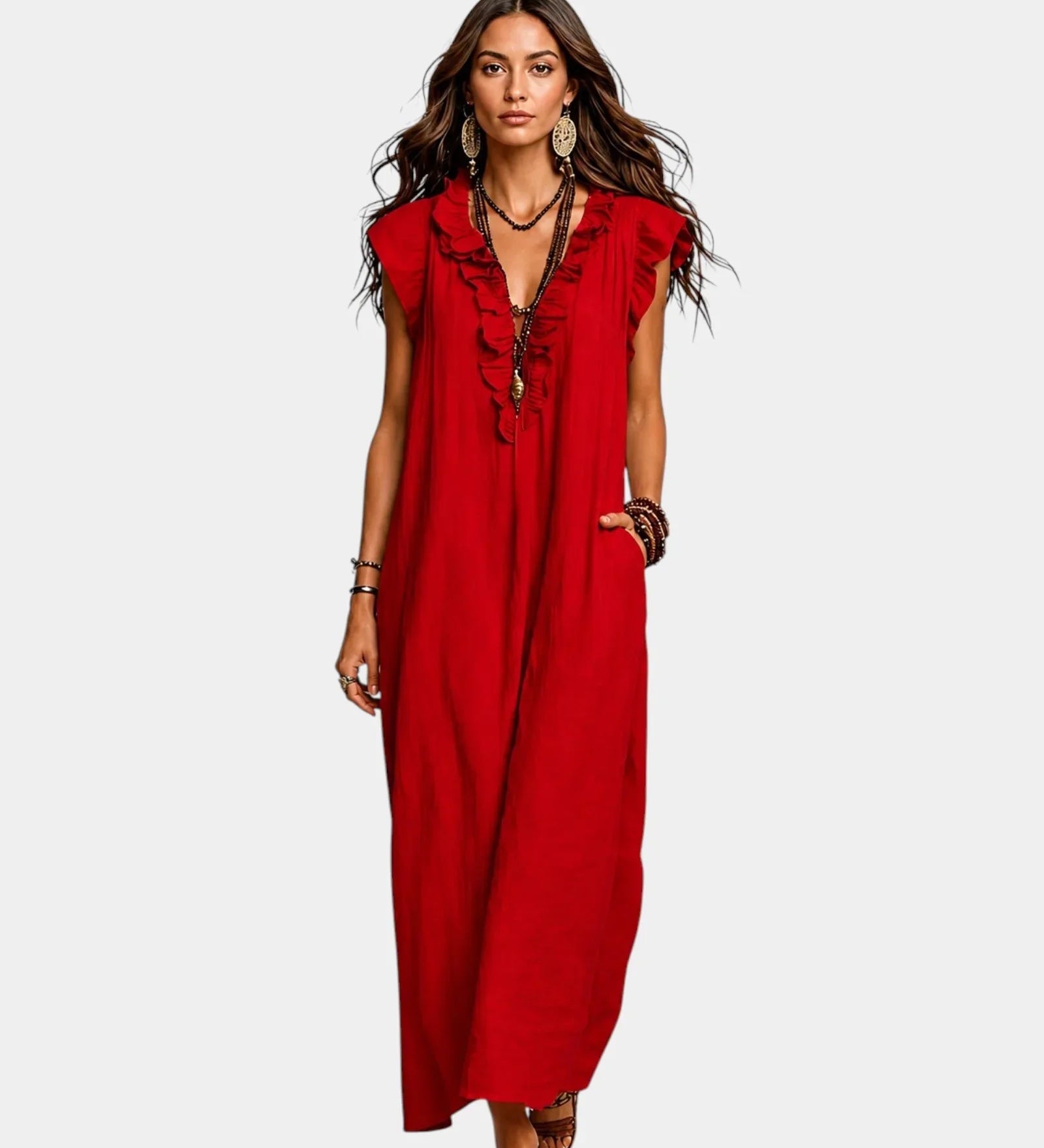 Red sleeveless long dress with V neckline and embroidered lace-up placket