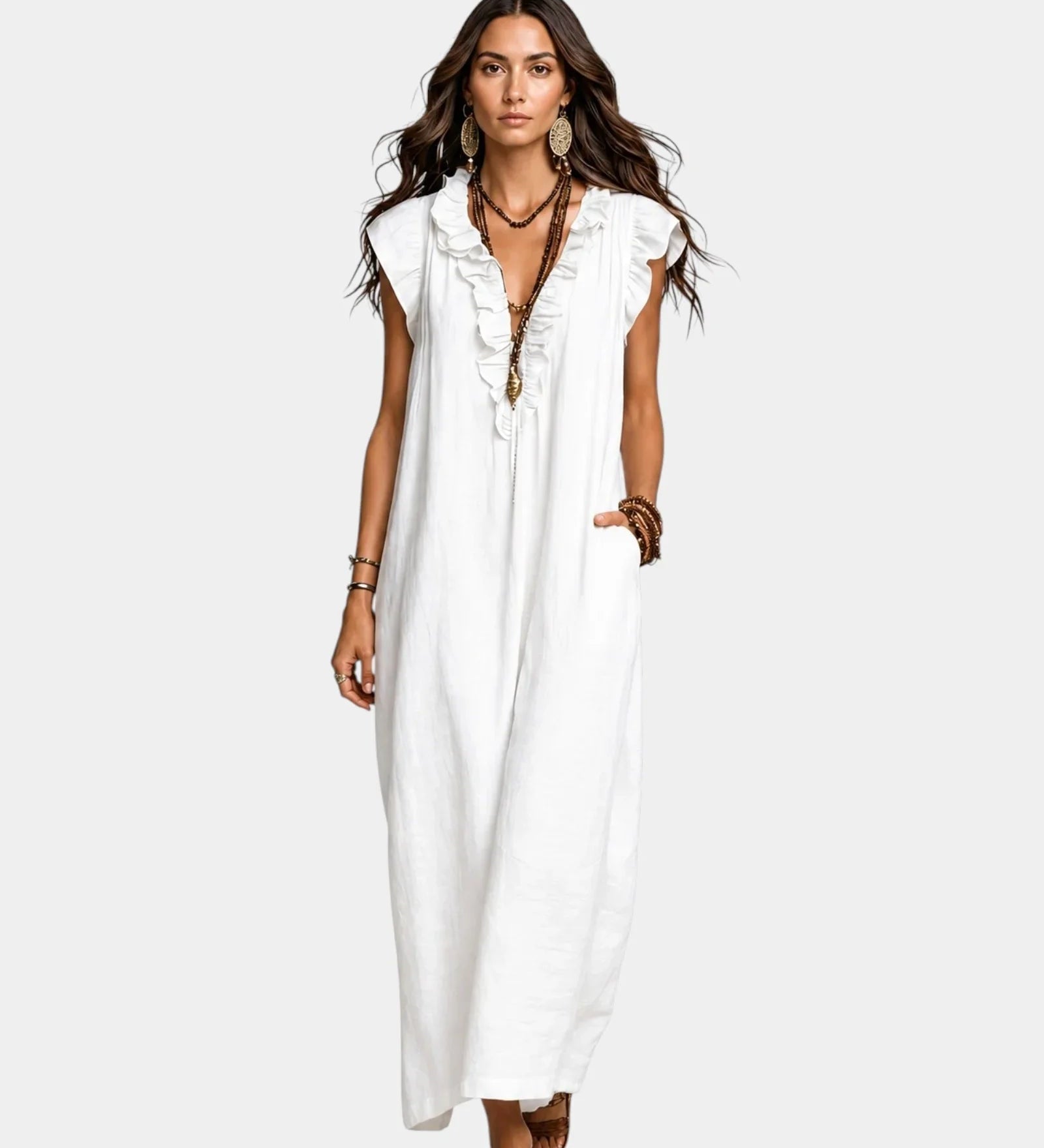 White sleeveless long dress with V neckline and embroidered front ties