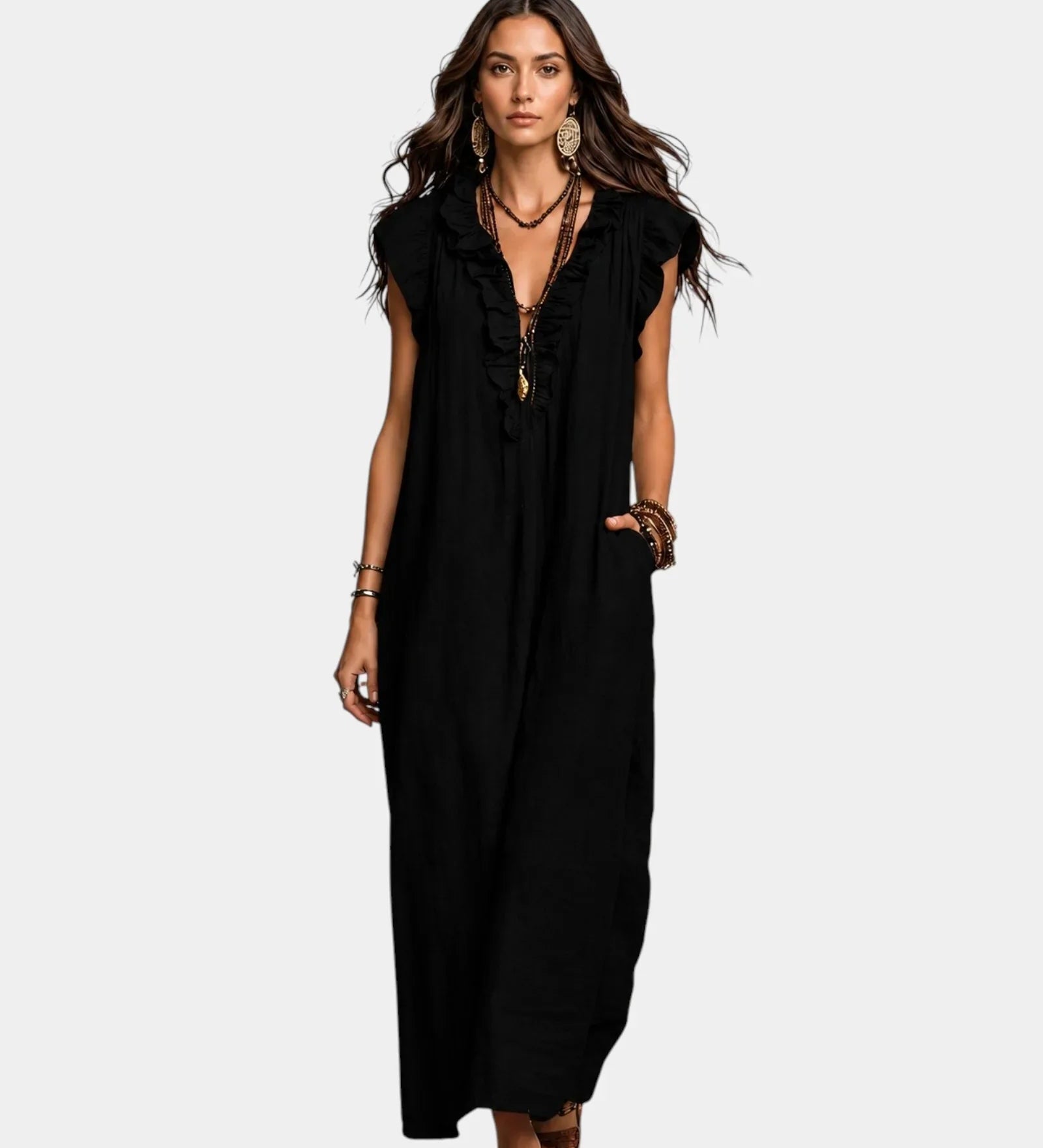 Black sleeveless long dress with V neckline and embroidered lace-up front