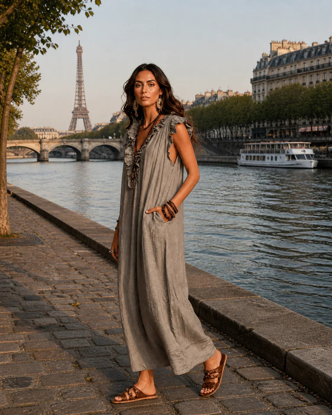 Taupe sleeveless long dress with V neckline and embroidered front placket
