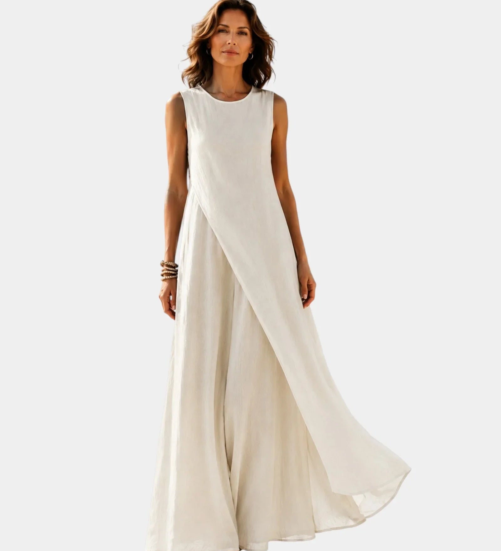 Elegant sleeveless maxi dress, off-white with draped diagonal panel detail