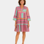 Iana V-neck dress in pink, teal, and orange geometric print, three-quarter sleeves