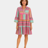 Iana V-neck dress in pink, teal, and orange geometric print, three-quarter sleeves