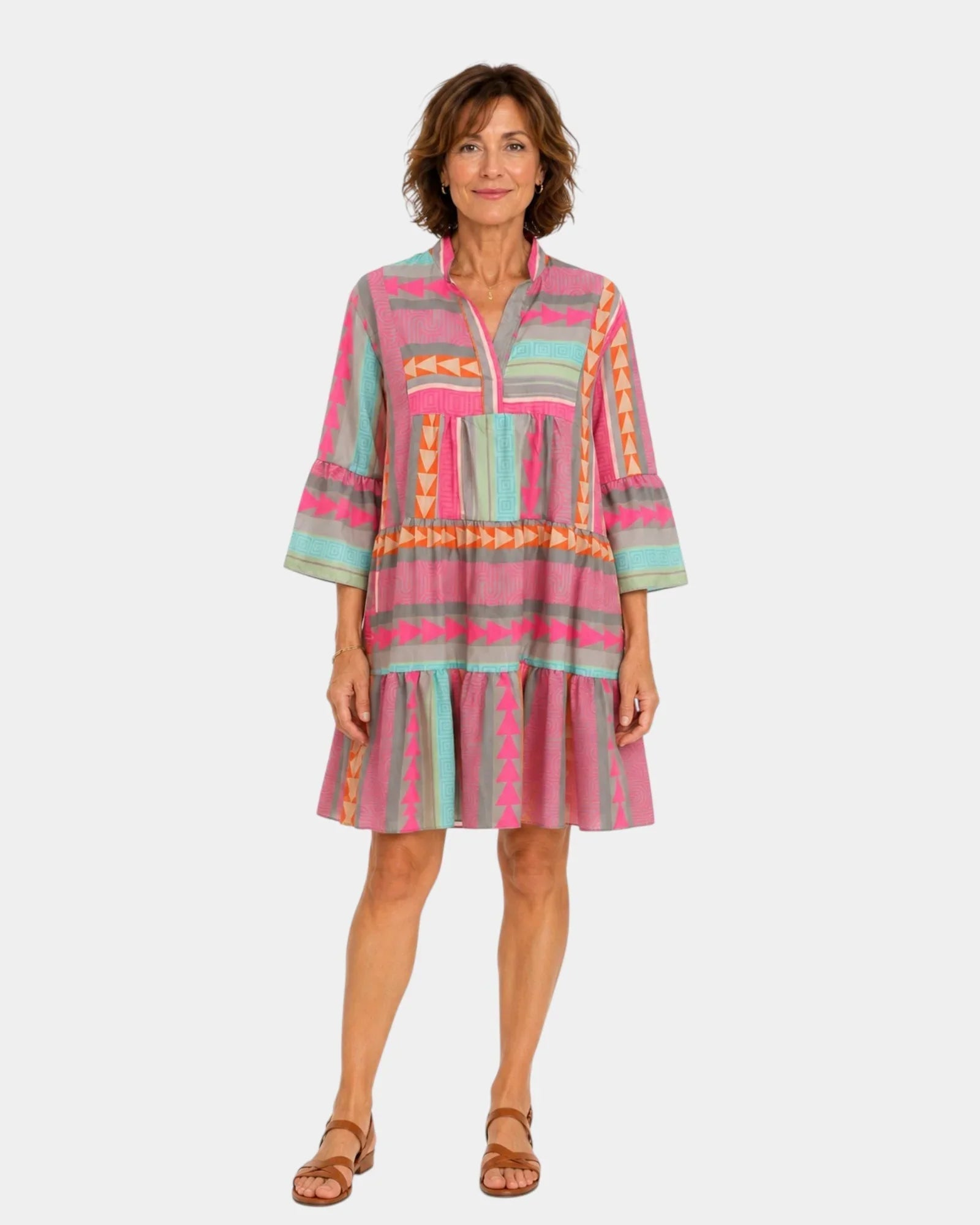Iana V-neck dress in pink, teal, and orange geometric print, three-quarter sleeves