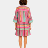 V-neck dress with back yoke and colorful geometric stripes; three-quarter sleeves