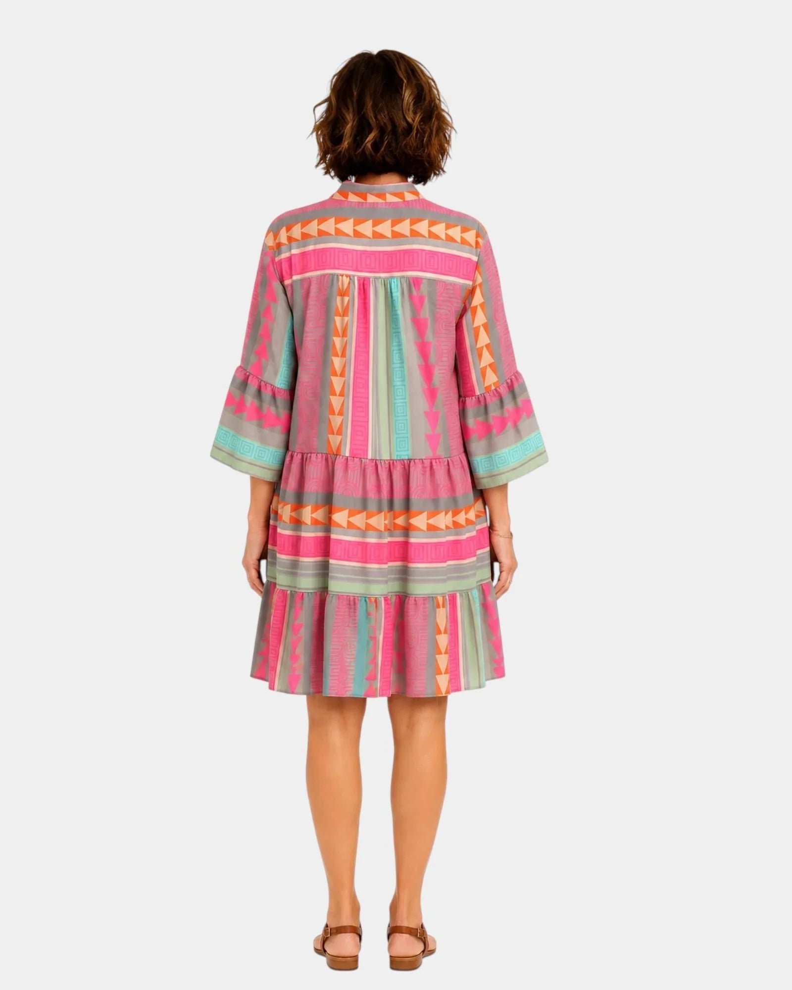 V-neck dress with back yoke and colorful geometric stripes; three-quarter sleeves