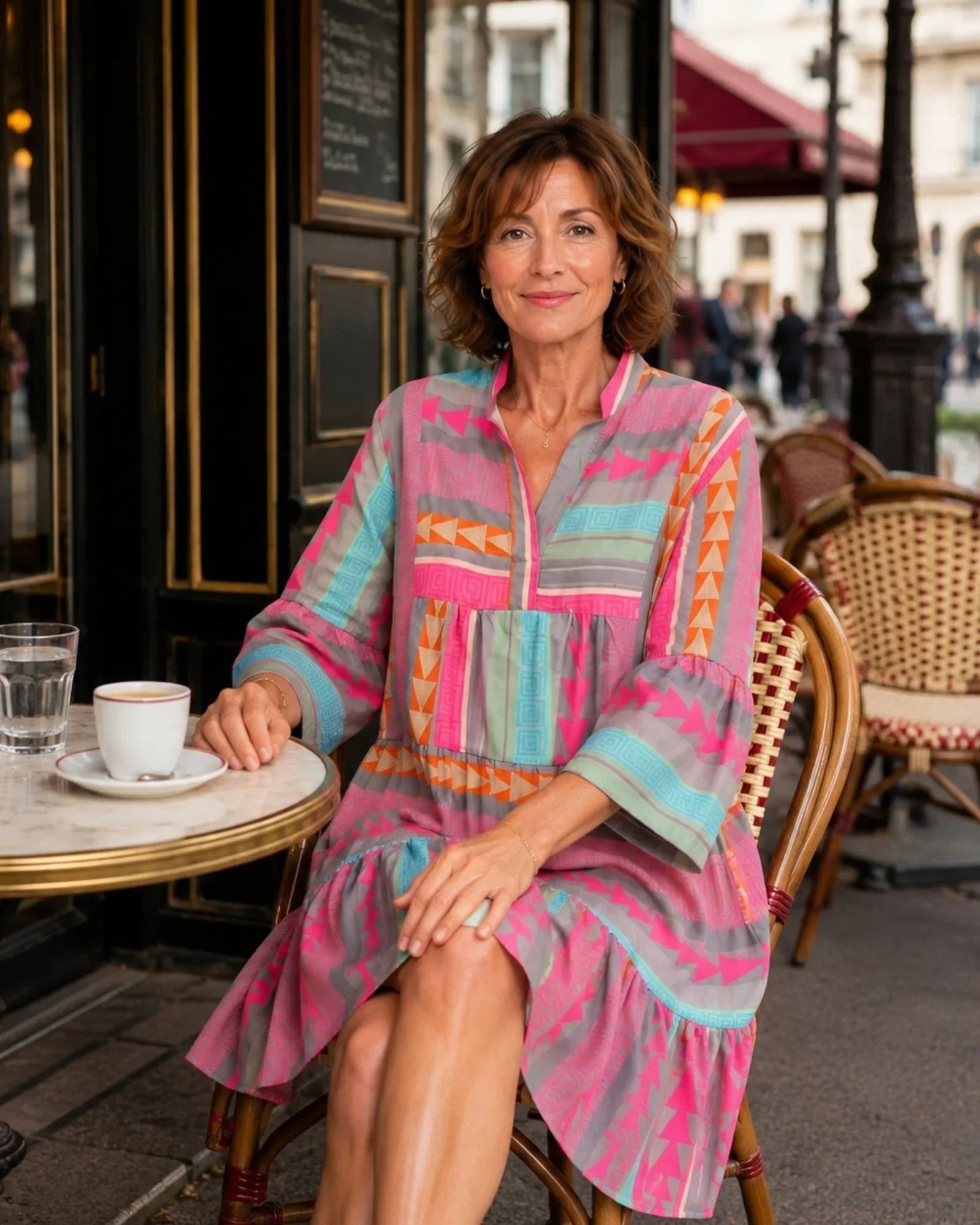 V-neck dress with tiered skirt and colorful geometric print; three-quarter sleeves