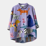 Purple button-up long-sleeve shirt with colorful animal print