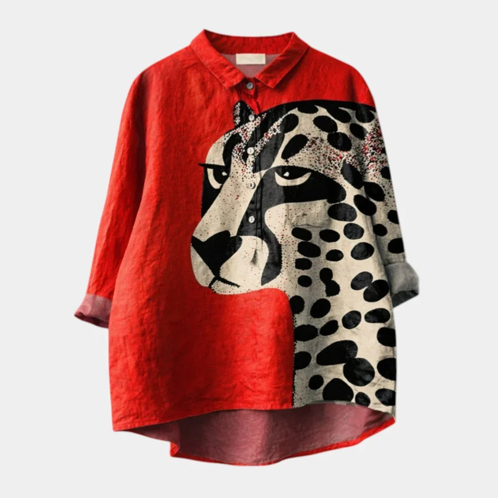 Multicolor leopard print overlay button-up shirt with red body and collar