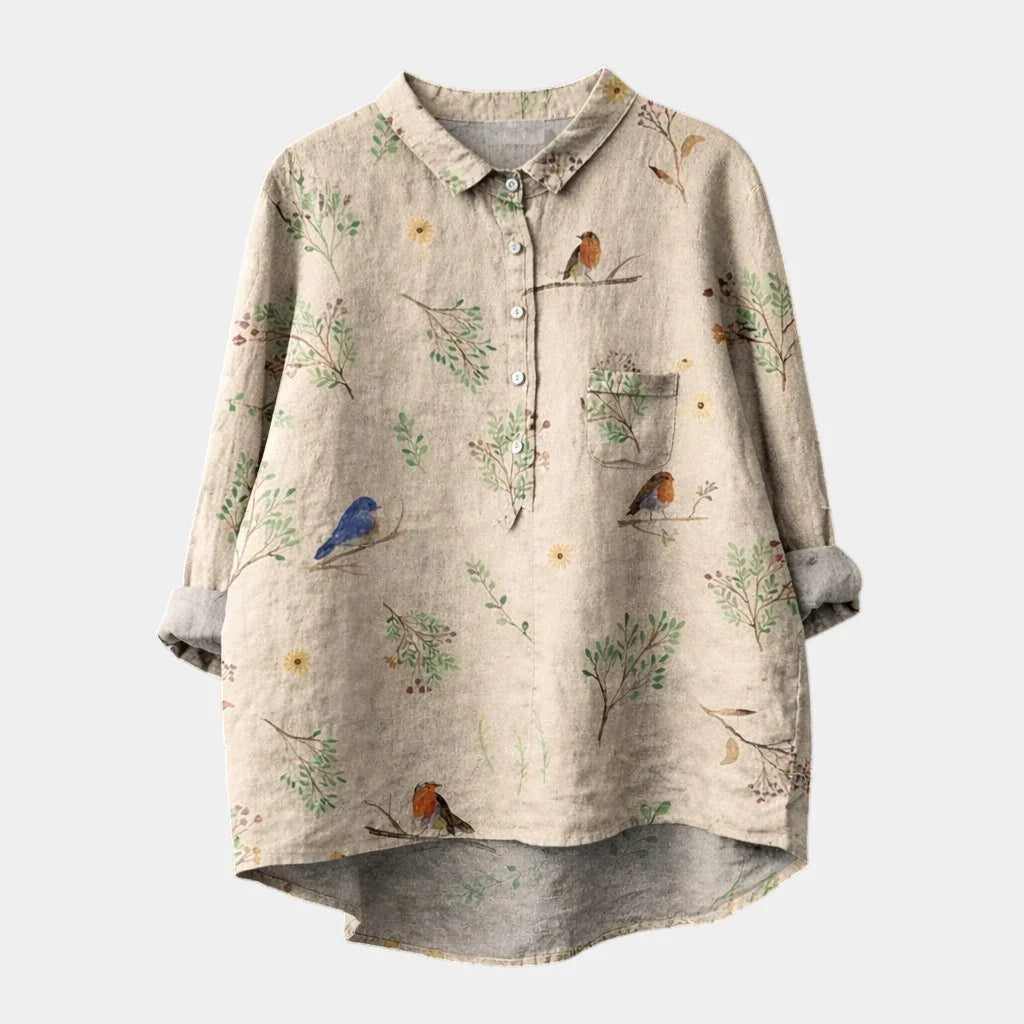 Beige patterned button-up shirt with bird and floral print, chest pocket