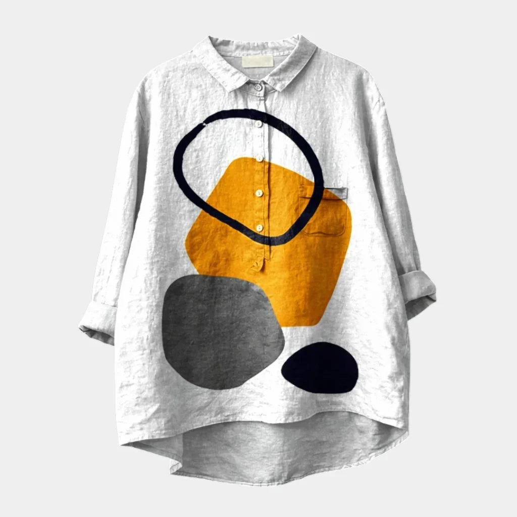 Multicolor abstract patterned button-up shirt with long sleeves