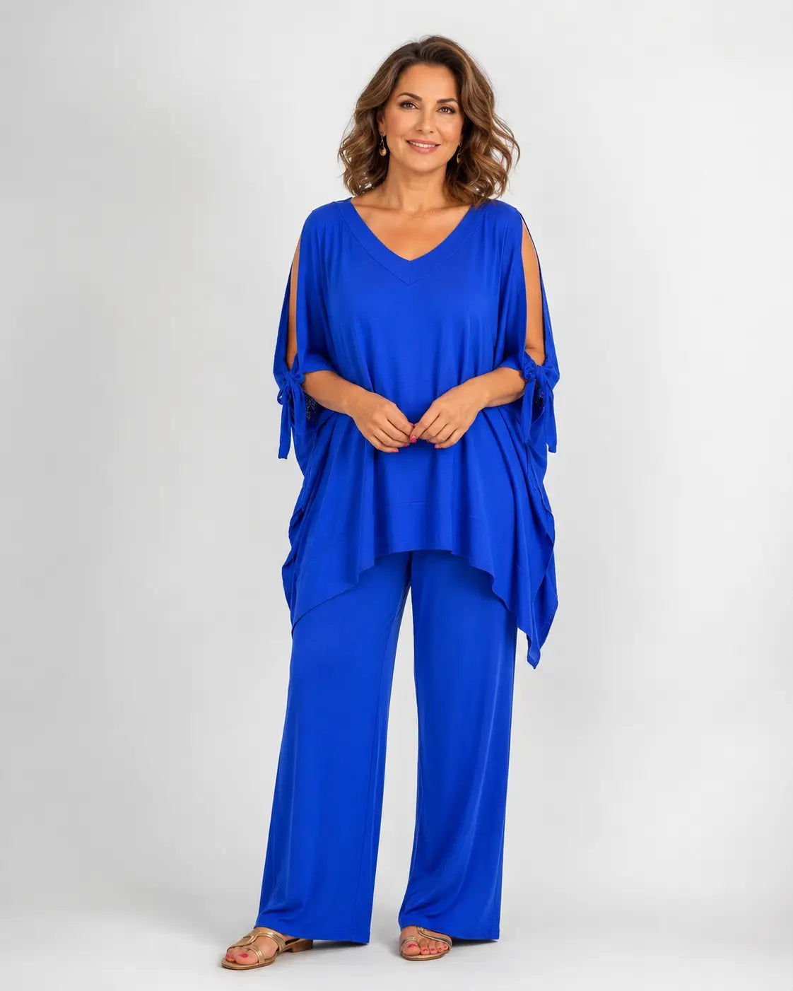 Blue V-neck open-shoulder tunic with tie sleeves and wide-leg pants set