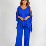 Blue V-neck open-shoulder tunic with tie sleeves and wide-leg pants set