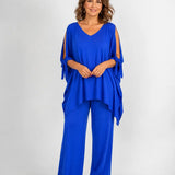 Blue V-neck open-shoulder tunic with tie sleeves and wide-leg pants set