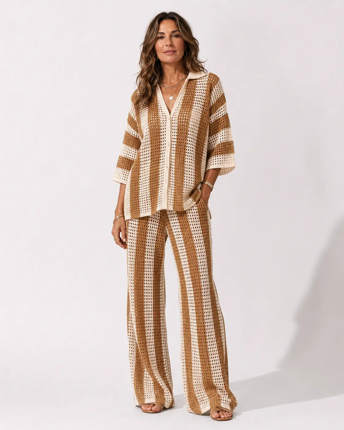 Crocheted kimono and pants set in caramel and white vertical stripes