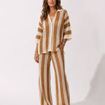 Crocheted kimono and pants set in caramel and white vertical stripes
