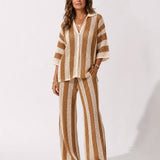 Crocheted kimono and pants set in caramel and white vertical stripes