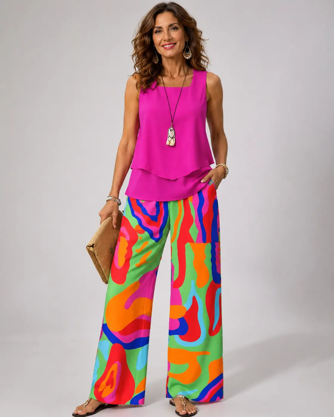 Sleeveless pink layered top with multicolor abstract wide-leg pants