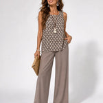 Facunda™ geometric sleeveless top and taupe wide-leg pants set, keyhole neckline