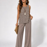 Facunda™ geometric sleeveless top and taupe wide-leg pants set, keyhole neckline