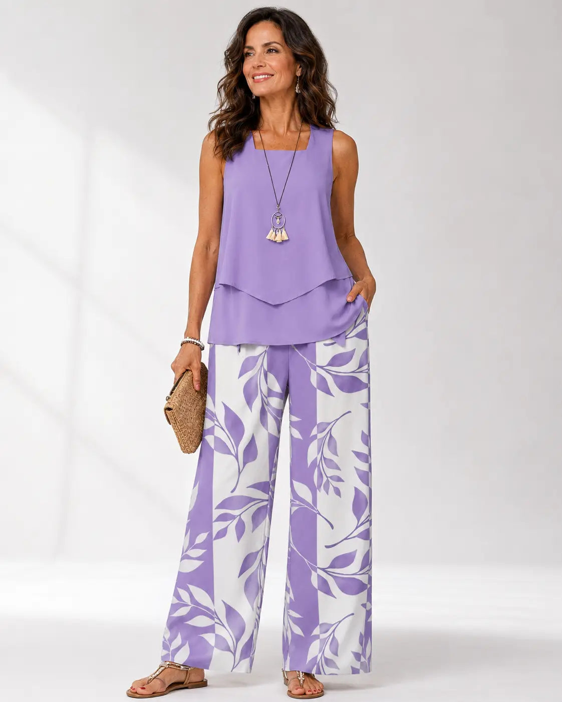 Lilac sleeveless layered blouse with botanical print wide-leg trousers, full length