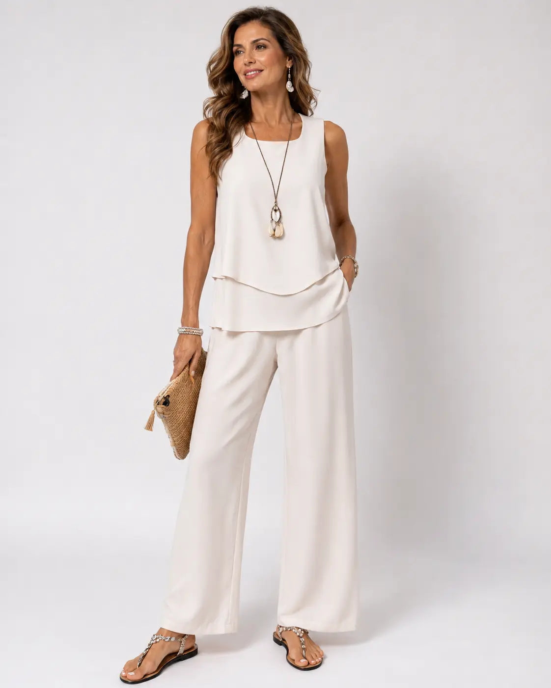 Layered satin sleeveless top and wide-leg pants set, light cream, draped tiers