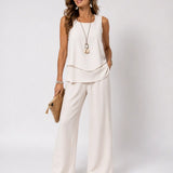 Layered satin sleeveless top and wide-leg pants set, light cream, draped tiers