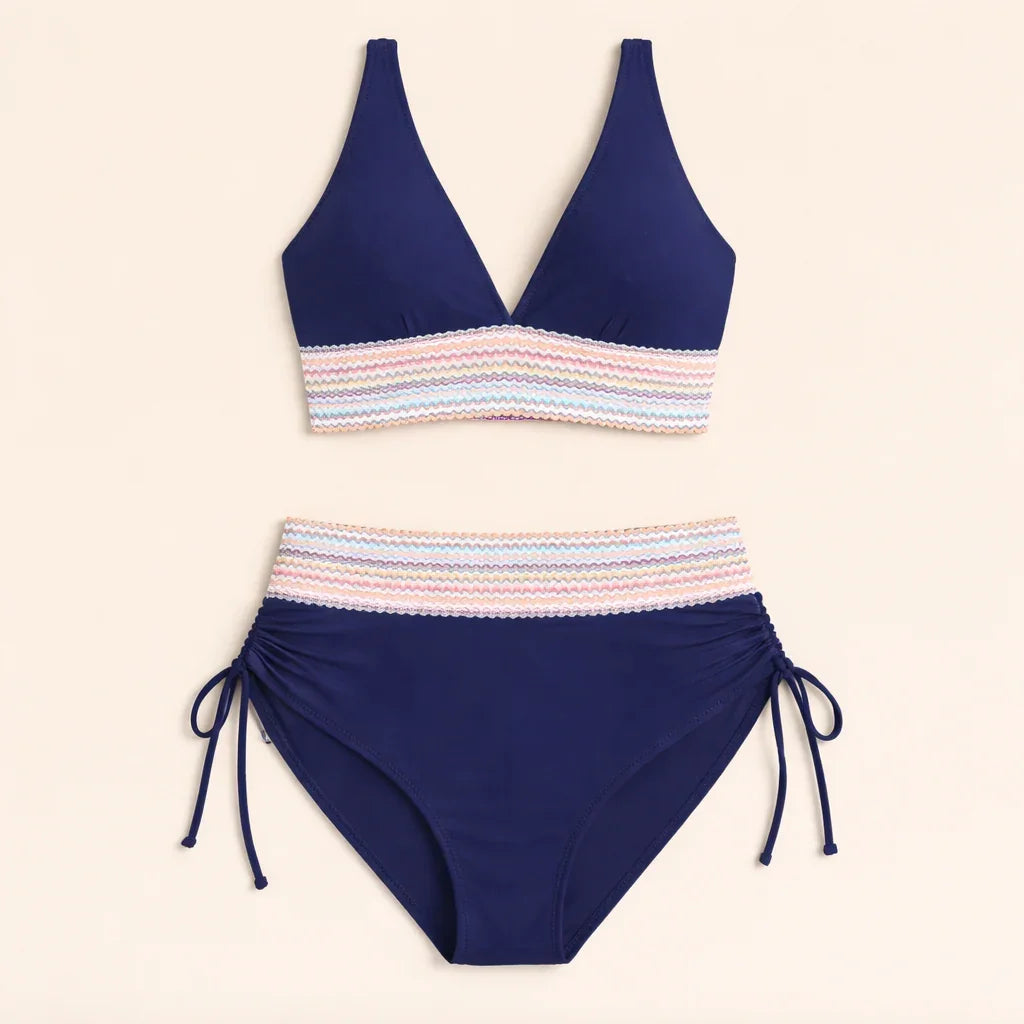 Navy two-piece swimsuit set: V-neck triangle top and high-waist tie-side bottoms with striped band.