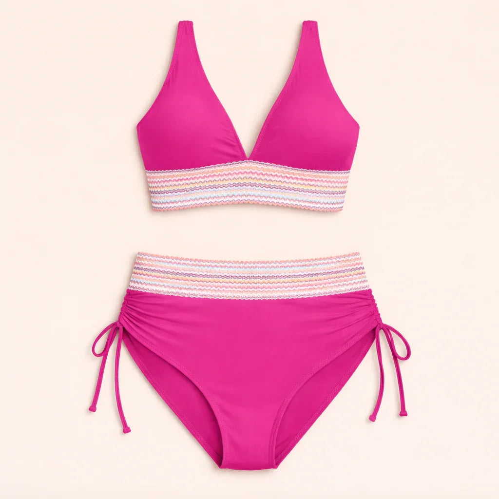 Pink two-piece swimsuit set: V-neck triangle top and high-waist tie-side bottoms with striped band.