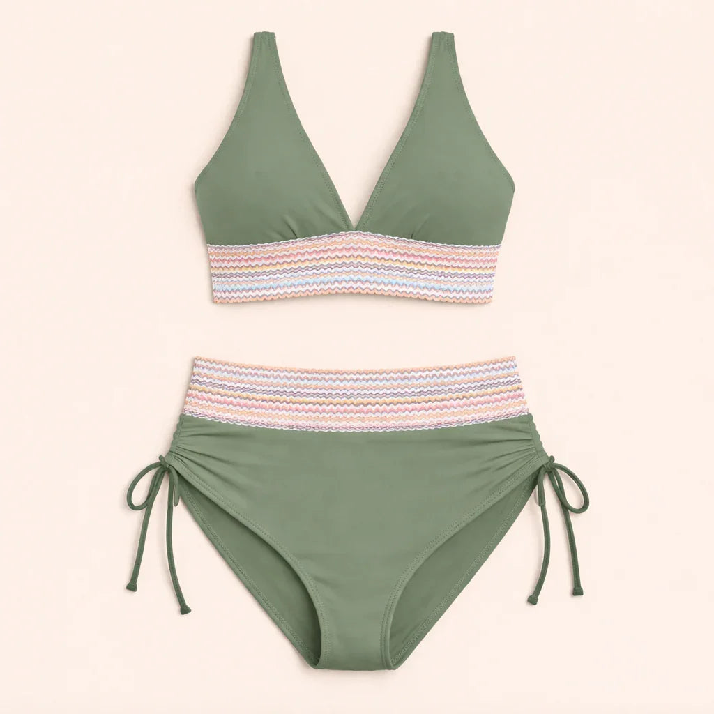 Green two-piece swimsuit set: V-neck triangle top and high-waist tie-side bottoms with striped band.