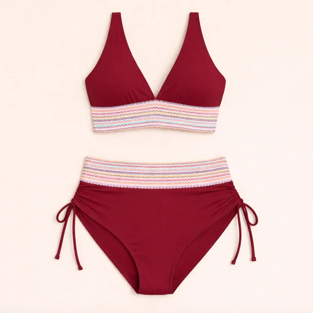 Red two-piece swimsuit set: V-neck triangle top and high-waist tie-side bottoms with striped band.
