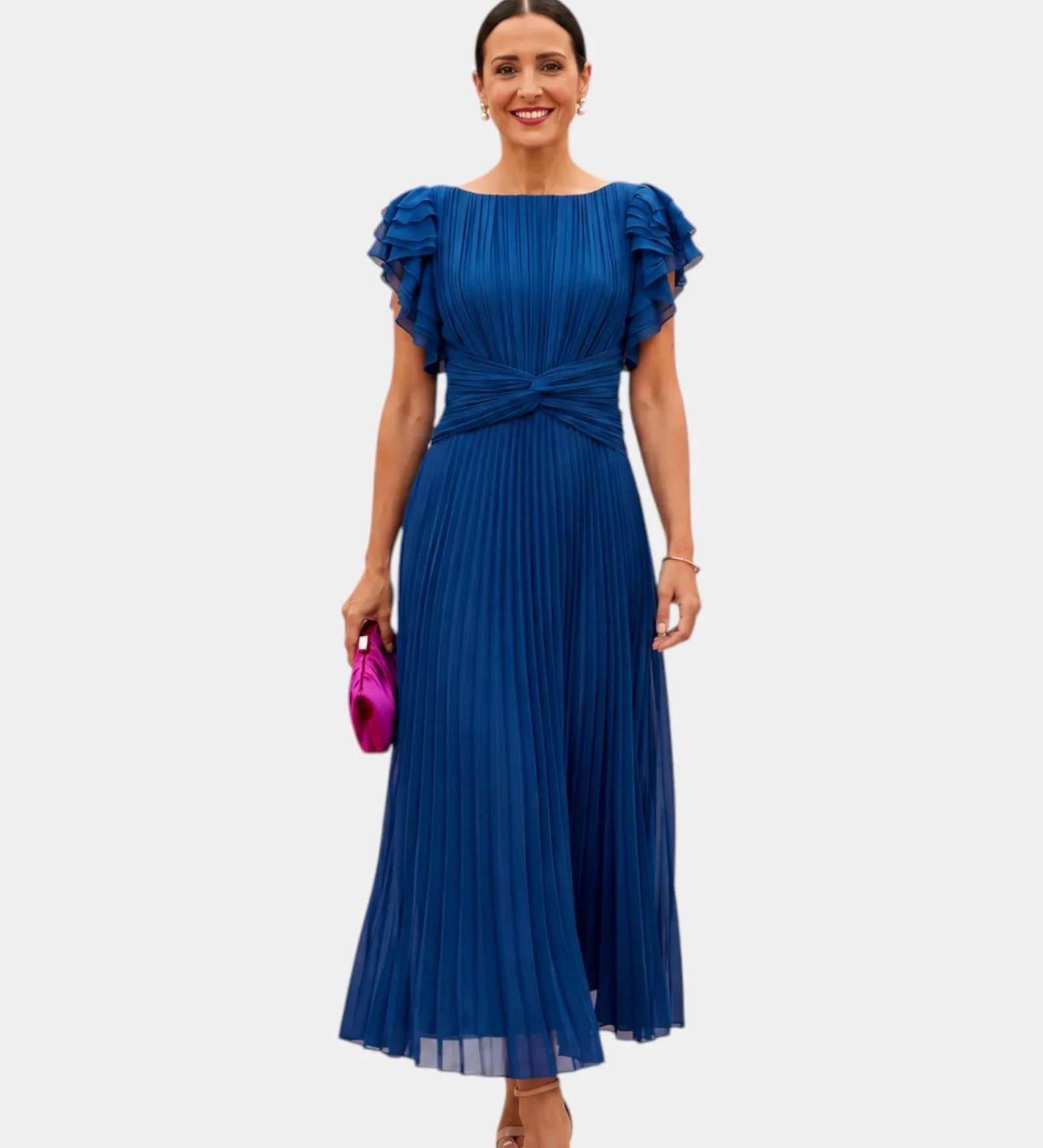 Blue pleated maxi dress with ruffle cap sleeves and tied waist
