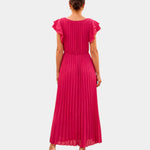 Pink pleated maxi dress, back view, ruffle cap sleeves and fitted waist