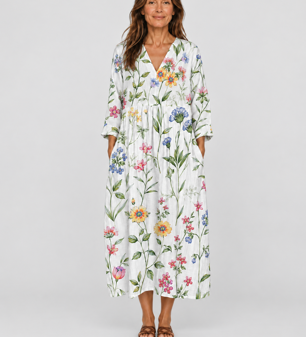 White floral summer dress, V-neck with three-quarter sleeves and relaxed midi fit