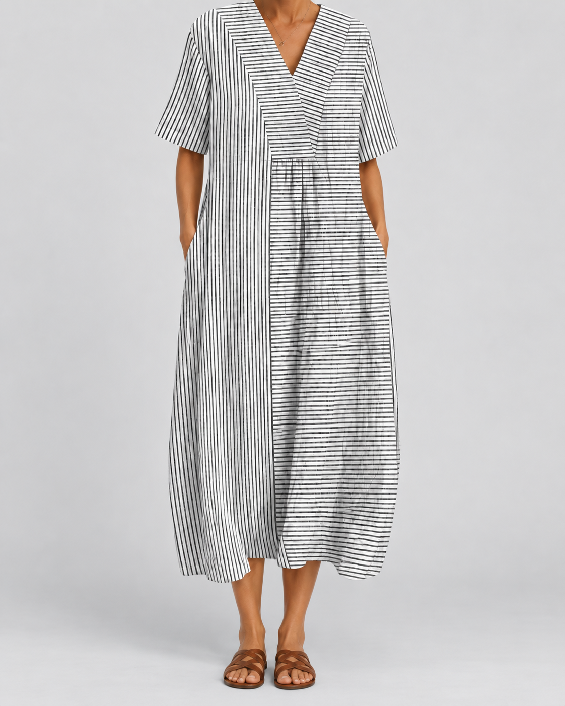 Striped V-neck midi dress with short sleeves and side pockets