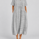 Striped V-neck midi dress with short sleeves and side pockets