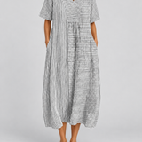 Striped V-neck midi dress with short sleeves and side pockets