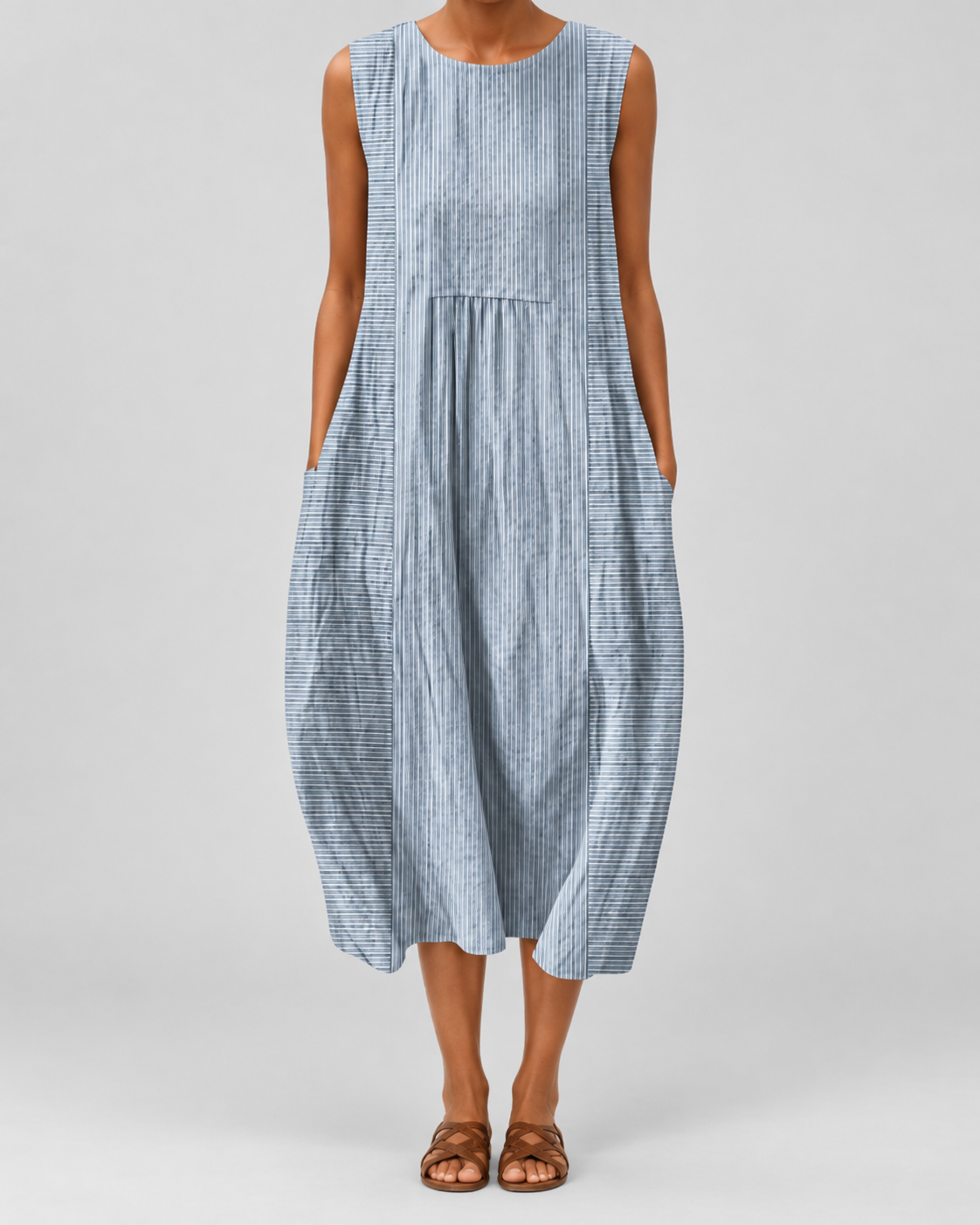 Light blue sleeveless striped midi dress with gathered waist and side pockets