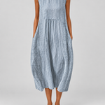 Light blue sleeveless striped midi dress with gathered waist and side pockets