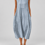 Light blue sleeveless striped midi dress with gathered waist and side pockets