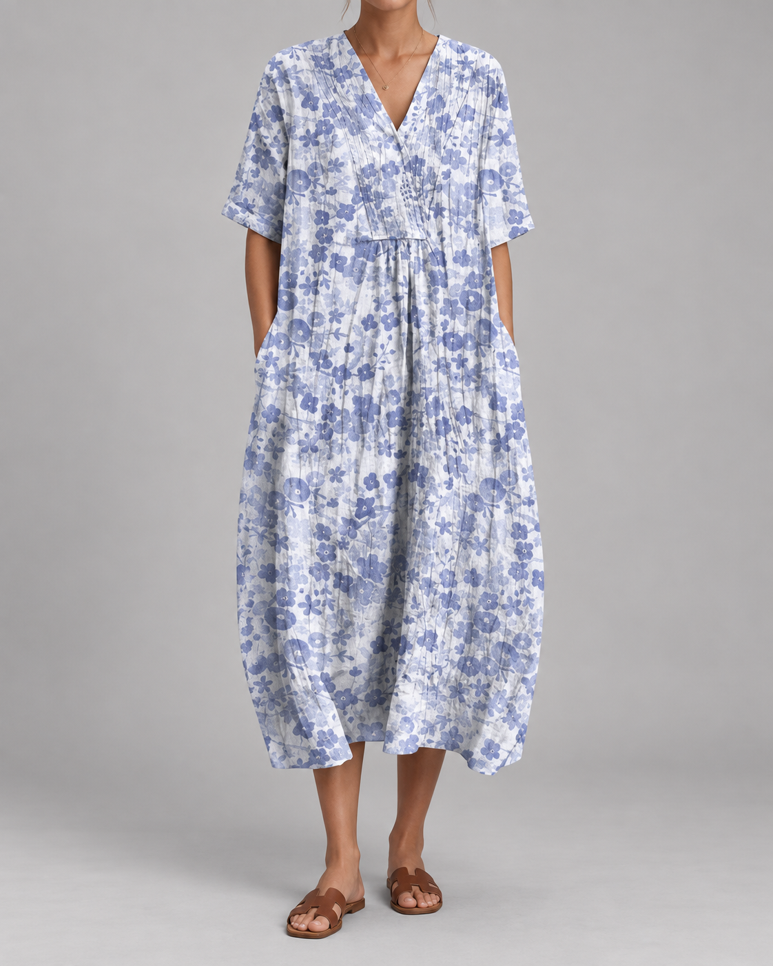 Women's V-neck short-sleeve summer dress, light blue with white floral, gathered waist
