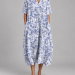 Women's V-neck short-sleeve summer dress, light blue with white floral, gathered waist
