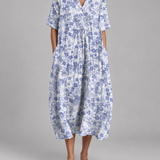 Women's V-neck short-sleeve summer dress, light blue with white floral, gathered waist