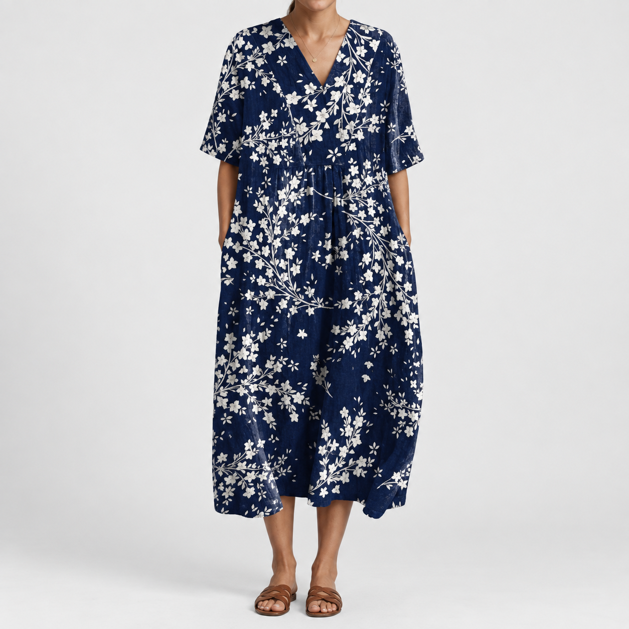 Women's V-neck short-sleeve summer dress, navy with white floral, relaxed gathered waist