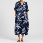 Women's V-neck short-sleeve summer dress, navy with white floral, relaxed gathered waist