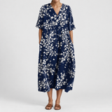 Women's V-neck short-sleeve summer dress, navy with white floral, relaxed gathered waist