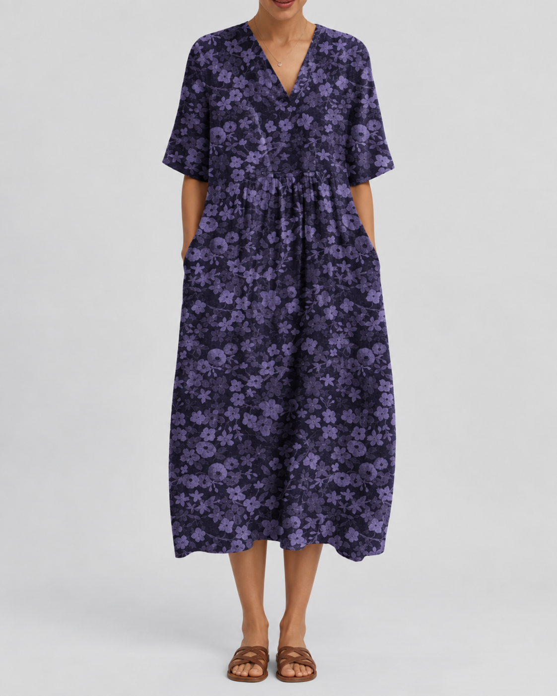 Women's V-neck short-sleeve summer dress, dark purple with lilac floral, gathered waist
