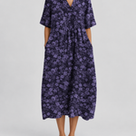Women's V-neck short-sleeve summer dress, dark purple with lilac floral, gathered waist