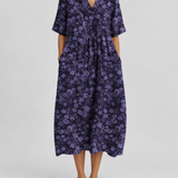 Women's V-neck short-sleeve summer dress, dark purple with lilac floral, gathered waist